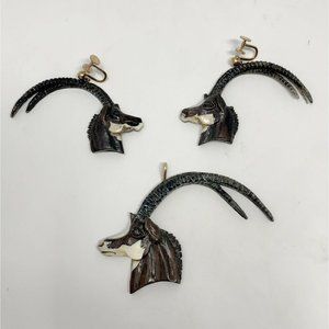 Native American Signed Sterling Silver /14k Ibex Head Pendant & Earrings Savage